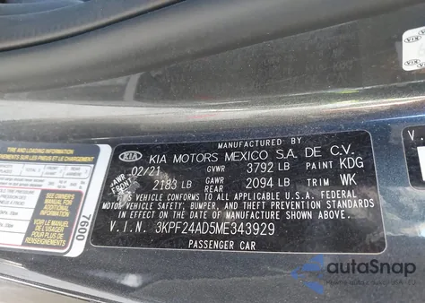 2021 Kia Forte Fe из США, поврежденный, VIN 3KPF24AD5ME343929